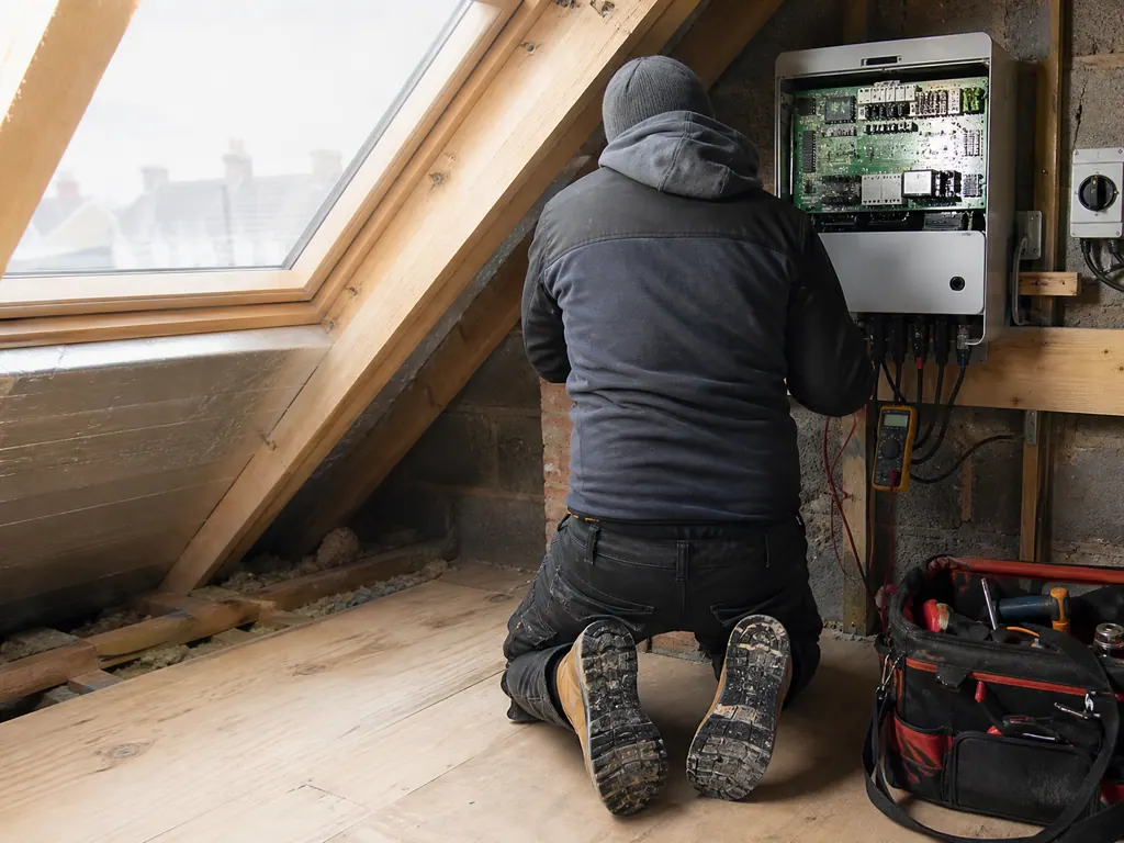 Engineer servicing a solar inverter and checking connections in a Birmingham loft