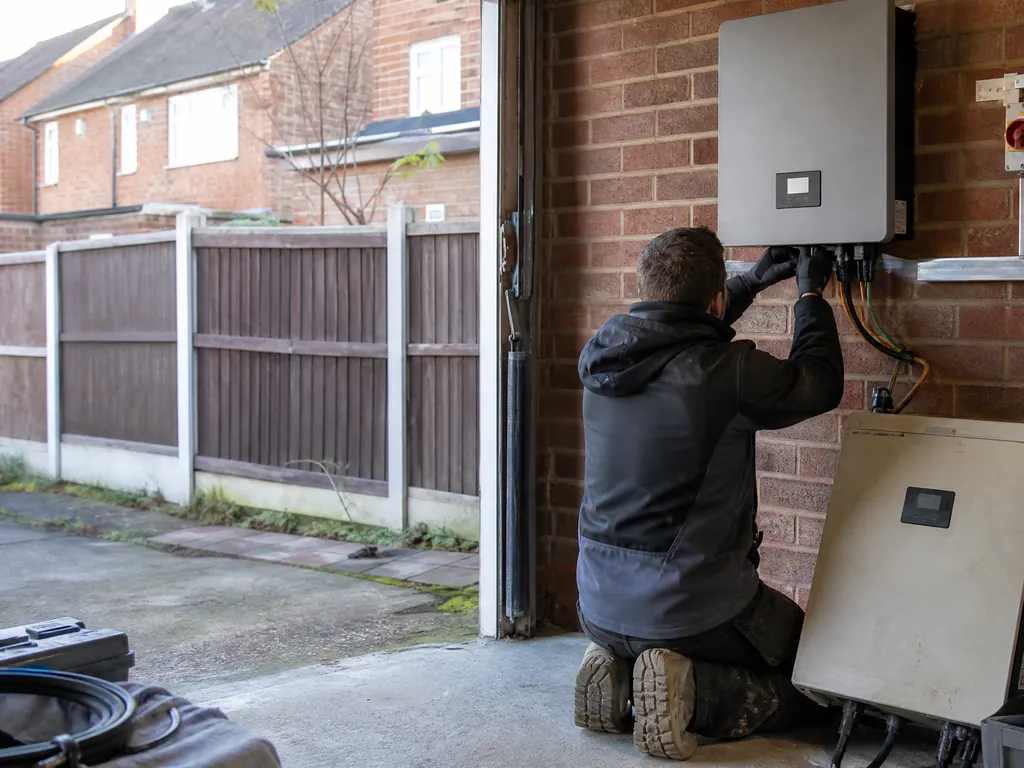 Old solar inverter replaced with a new one on a garage wall in Birmingham