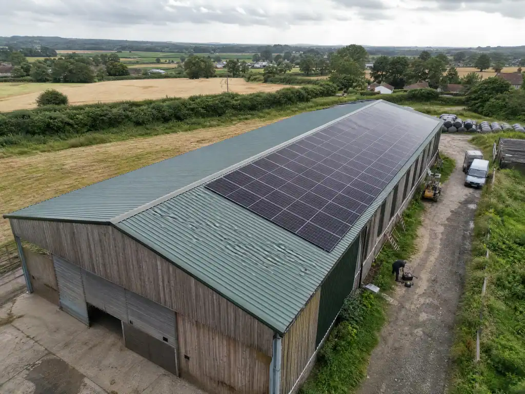 Solar panels on a farm barn roof in the West Midlands, Birmingham